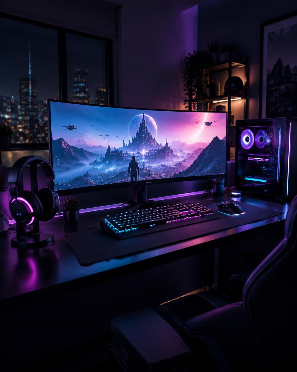 Setup gamer con monitor curvo, teclado y audífonos iluminados